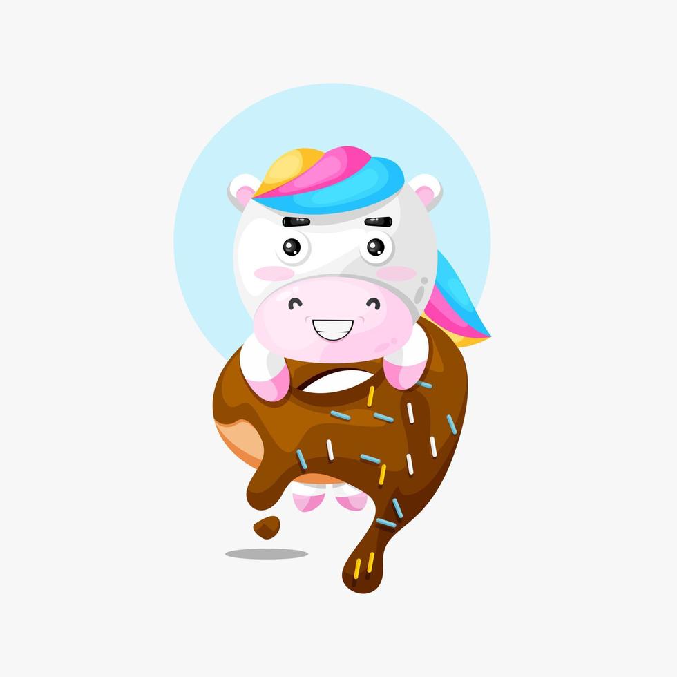 Illustration of cute unicorn hanging on donut vector