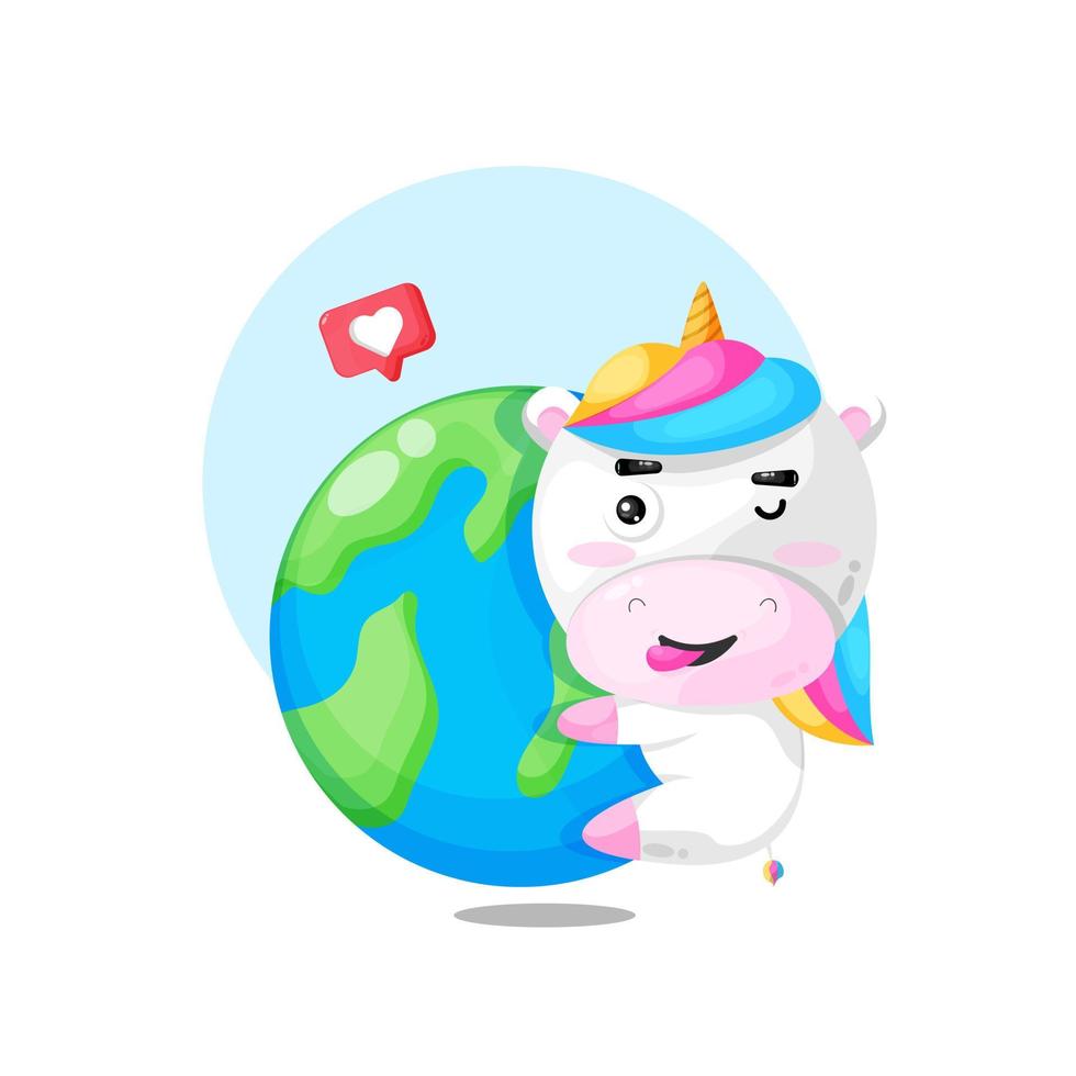 Illustration of cute unicorn hugging the earth vector