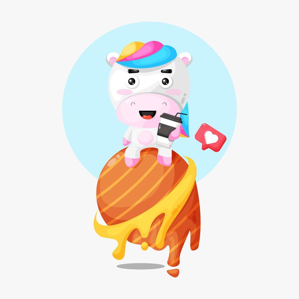 ilustración de dibujos animados de lindo unicornio bebiendo café sobre el planeta vector