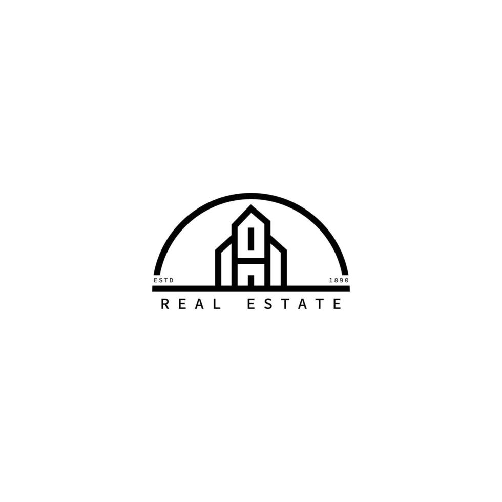logotipo del edificio inmobiliario. diseño de arte lineal. hogar casa techo puerta ventana familia residencia, propiedad negocio hipotecario. vector