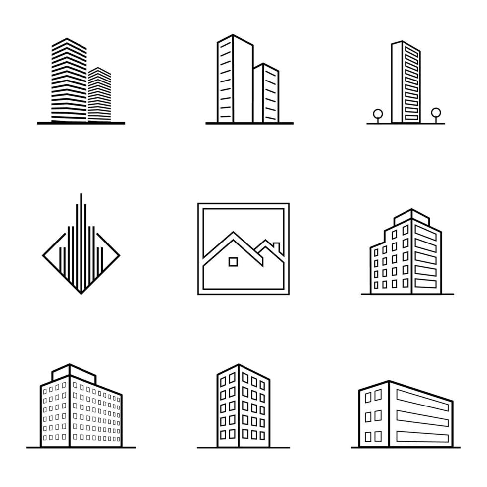 set of building logo. Black building and isolated skyscraper, tower and office city architecture, house business building logo, apartment office illustration vector