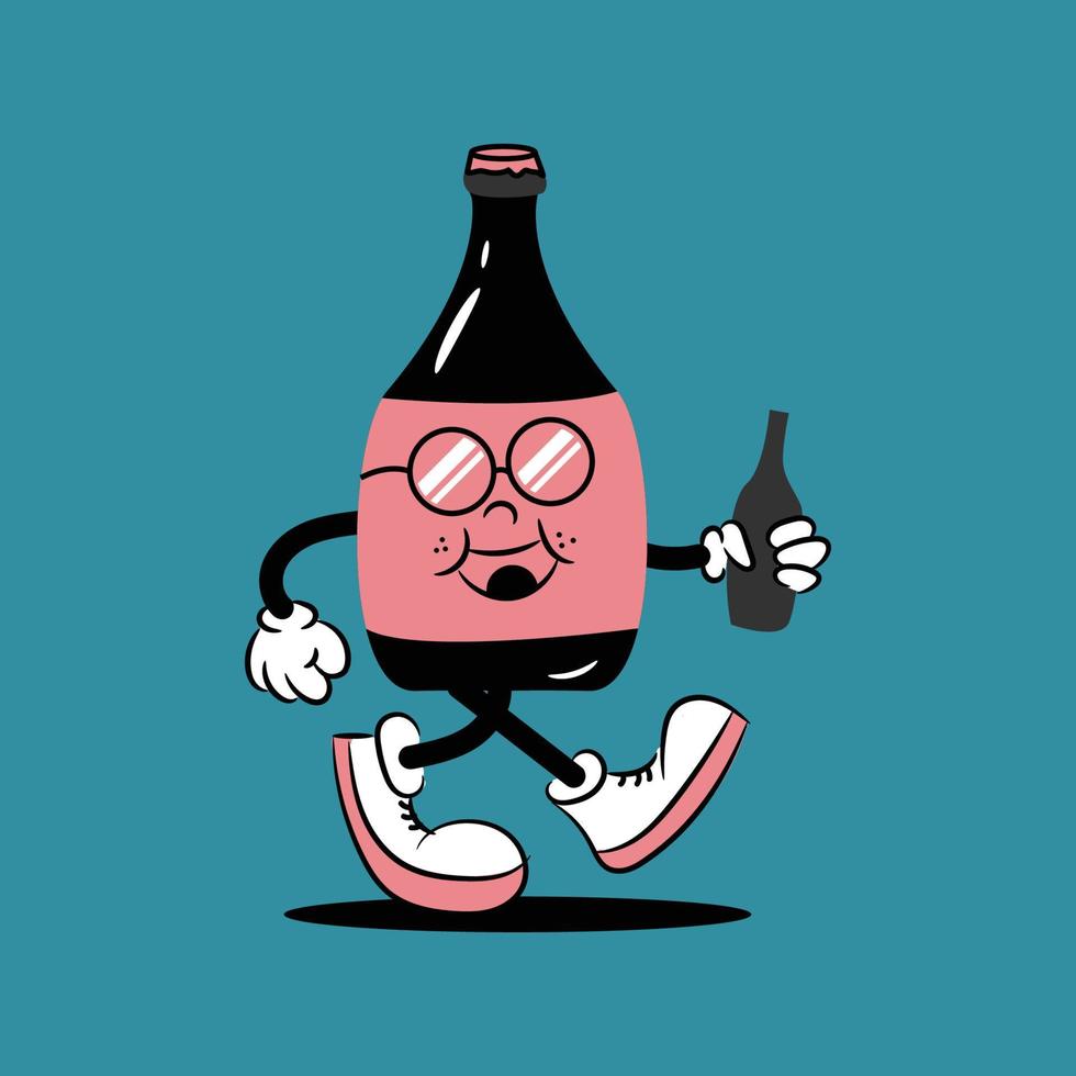 botella de vino y vidrio estilo de dibujos animados retro vector