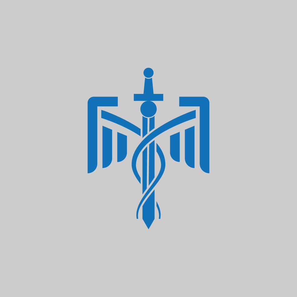 diseño del logo del caduceo de la espada. vector de plantilla de signo de logotipo de caduceo médico aislado sobre fondo gris