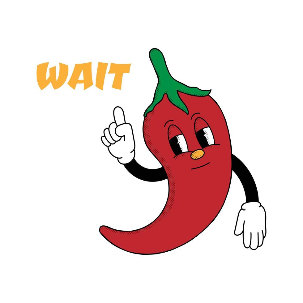 Illustration of red chili pepper in retro cartoon character with traffic signs, yellow light. wait for Sign vector