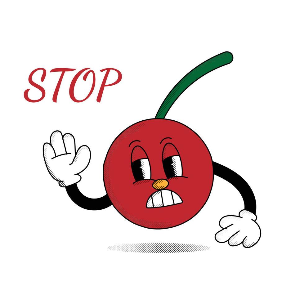 ilustración de cereza en personaje de dibujos animados retro con señales de tráfico, luz roja. señal de stop vector