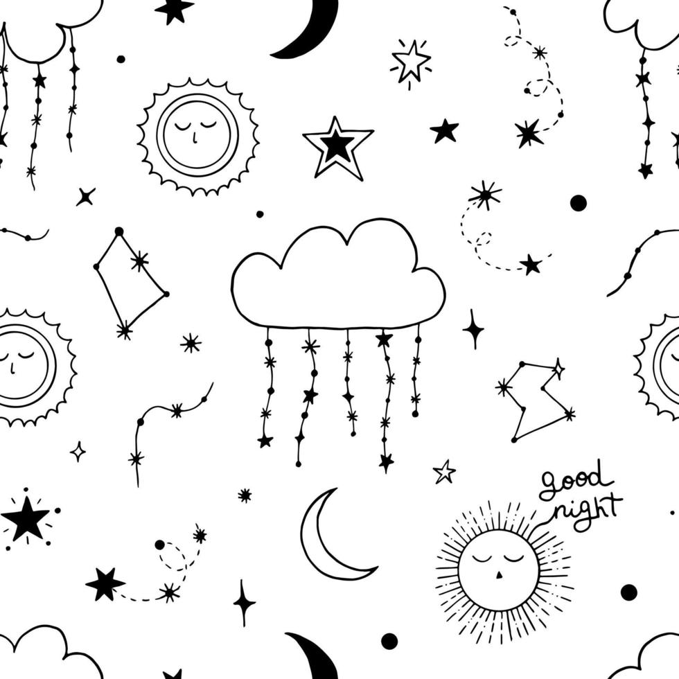 Seamless pattern of night starry sky. For design of surfaces, prints, wrapping paper, postcards, posters, printing. Theme space, Cosmonautics Day, astronomy, sky, stars vector