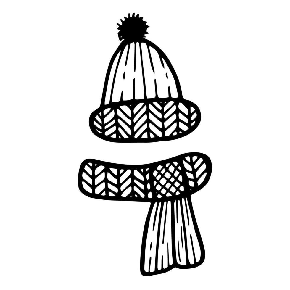 Knitted doodle scarf and hat. Hand drawn illustration with black liner in line art style. Creation of design for New Year, winter, Christmas vector