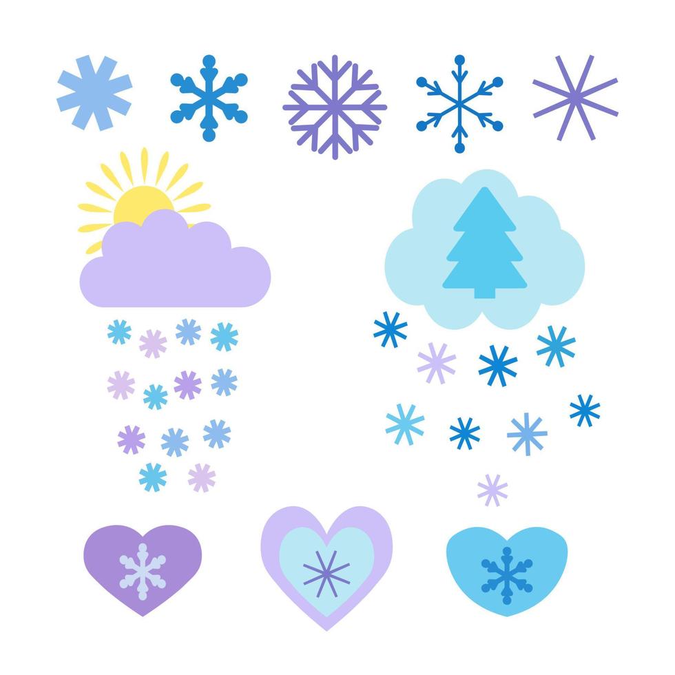 conjunto de elementos para el diseño de invierno, copos de nieve, árboles de navidad, corazones. lindas ilustraciones de estilo plano para navidad, año nuevo, invierno acogedor vector