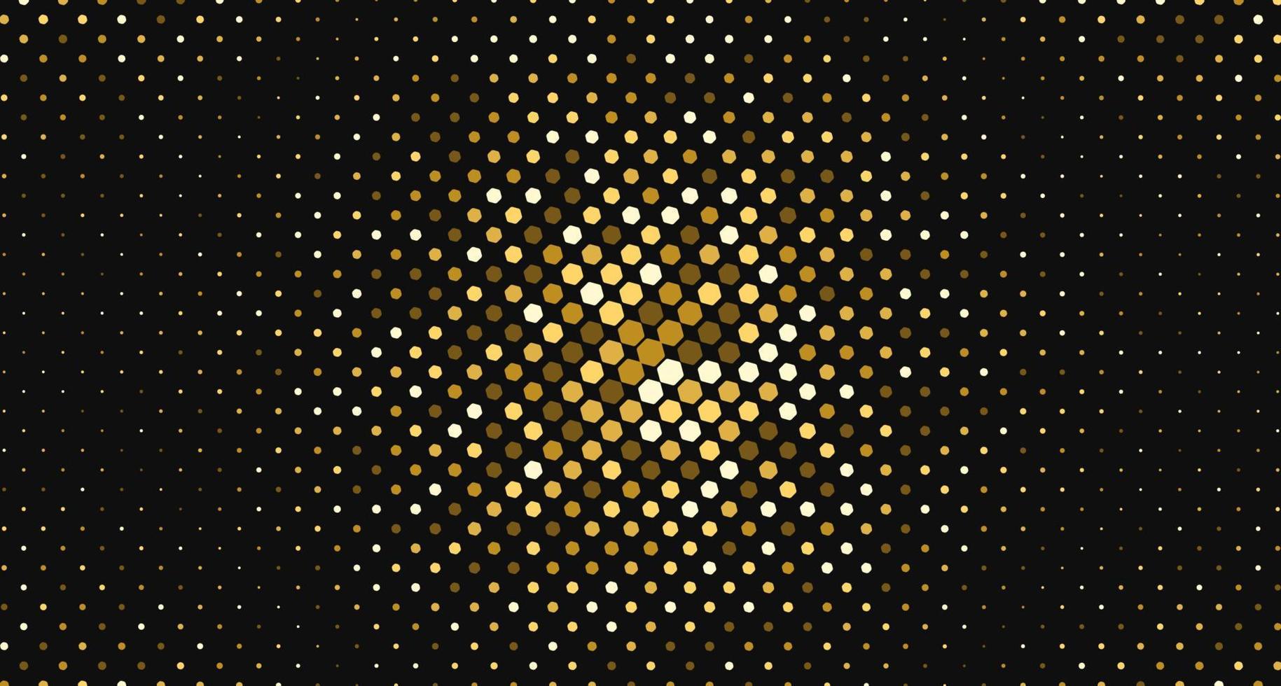 Abstract gold color halftone small hexagon shapes with dynamic pattern on black background. vector