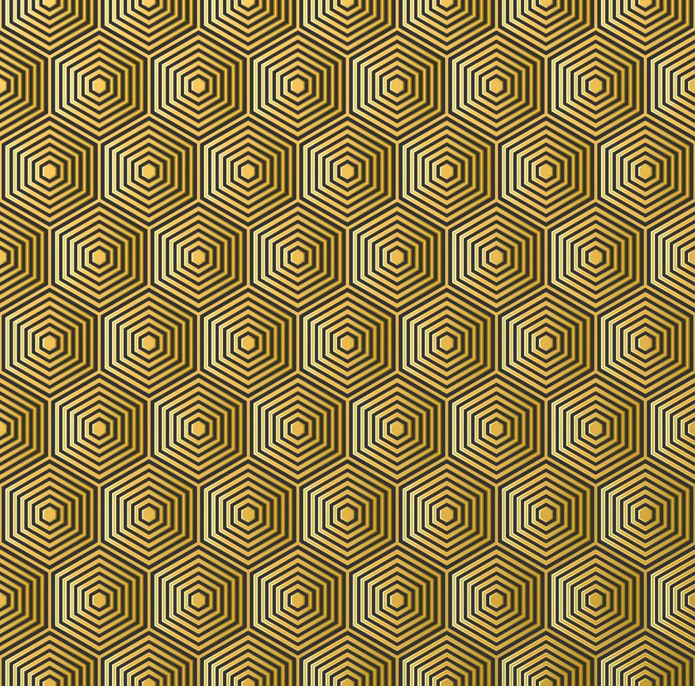 líneas hexagonales negras y doradas de lujo retro abstractas fondo de patrón sin costuras de forma geométrica. vector