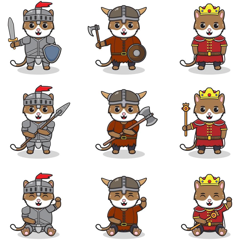 ilustraciones vectoriales de personajes de gatos en varios trajes medievales. vector