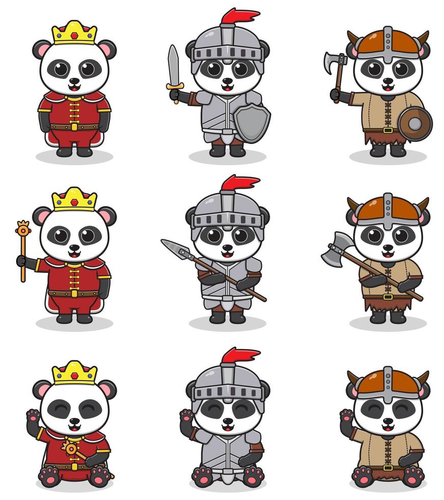 ilustraciones vectoriales de personajes panda en varios trajes medievales. vector
