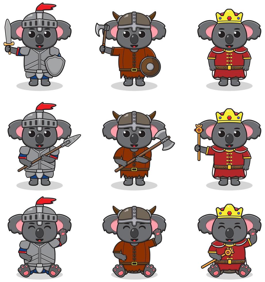 ilustraciones vectoriales de personajes koala en varios trajes medievales vector