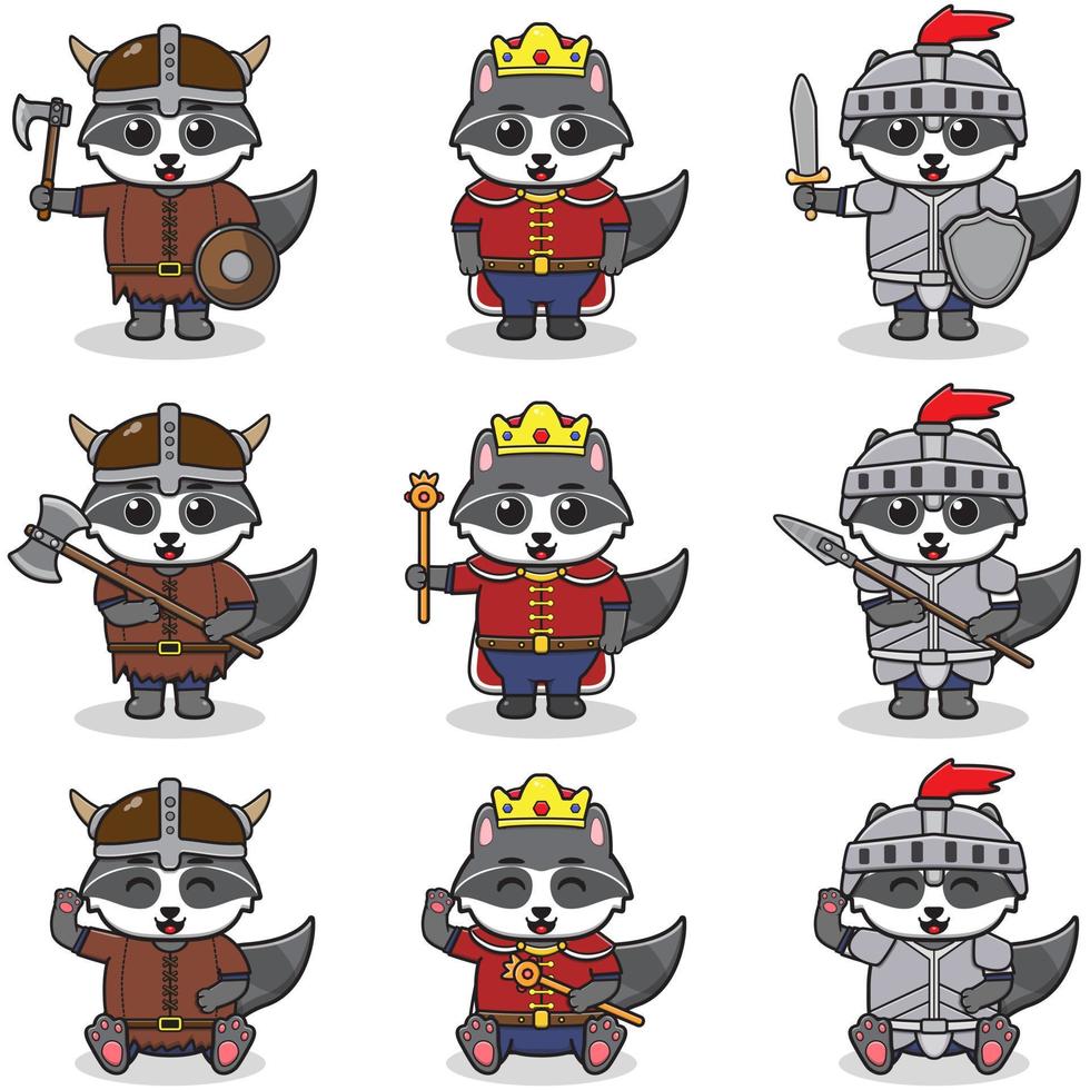 ilustraciones vectoriales de personajes de mapache en varios trajes medievales vector