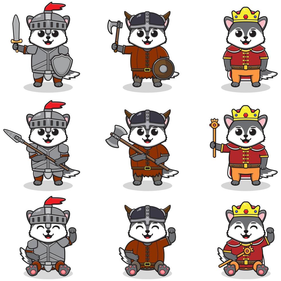 ilustraciones vectoriales de personajes de lobo en varios trajes medievales vector