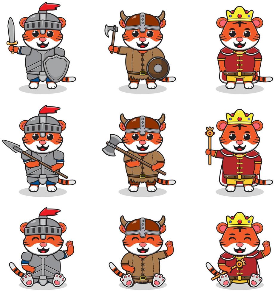 ilustraciones vectoriales de personajes de tigre en varios trajes medievales. vector