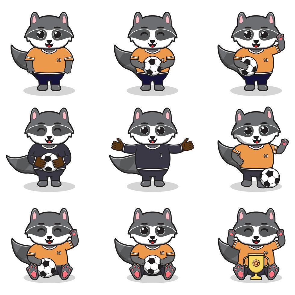 ilustración vectorial de personajes de mapache jugando al fútbol vector