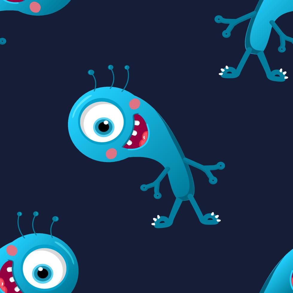 Kids monster vector pattern with cute eyes, tongue, tooth fang