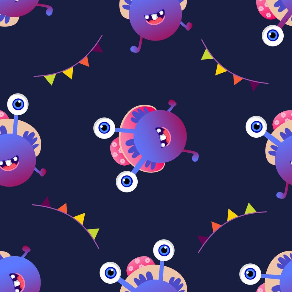 Cute cartoon Monster colorful vector pattern Eyes tongue tooth fang hands up