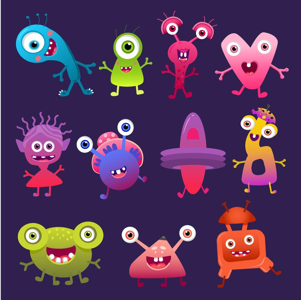 Cute cartoon Monster colorful vector set Eyes tongue tooth fang hands up