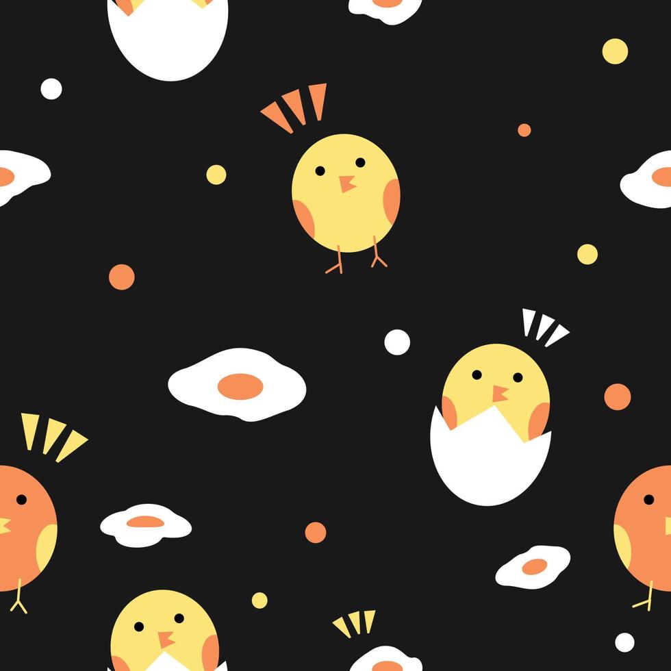 cute chick and fried egg seamless pattern in black background for fabric print vector
