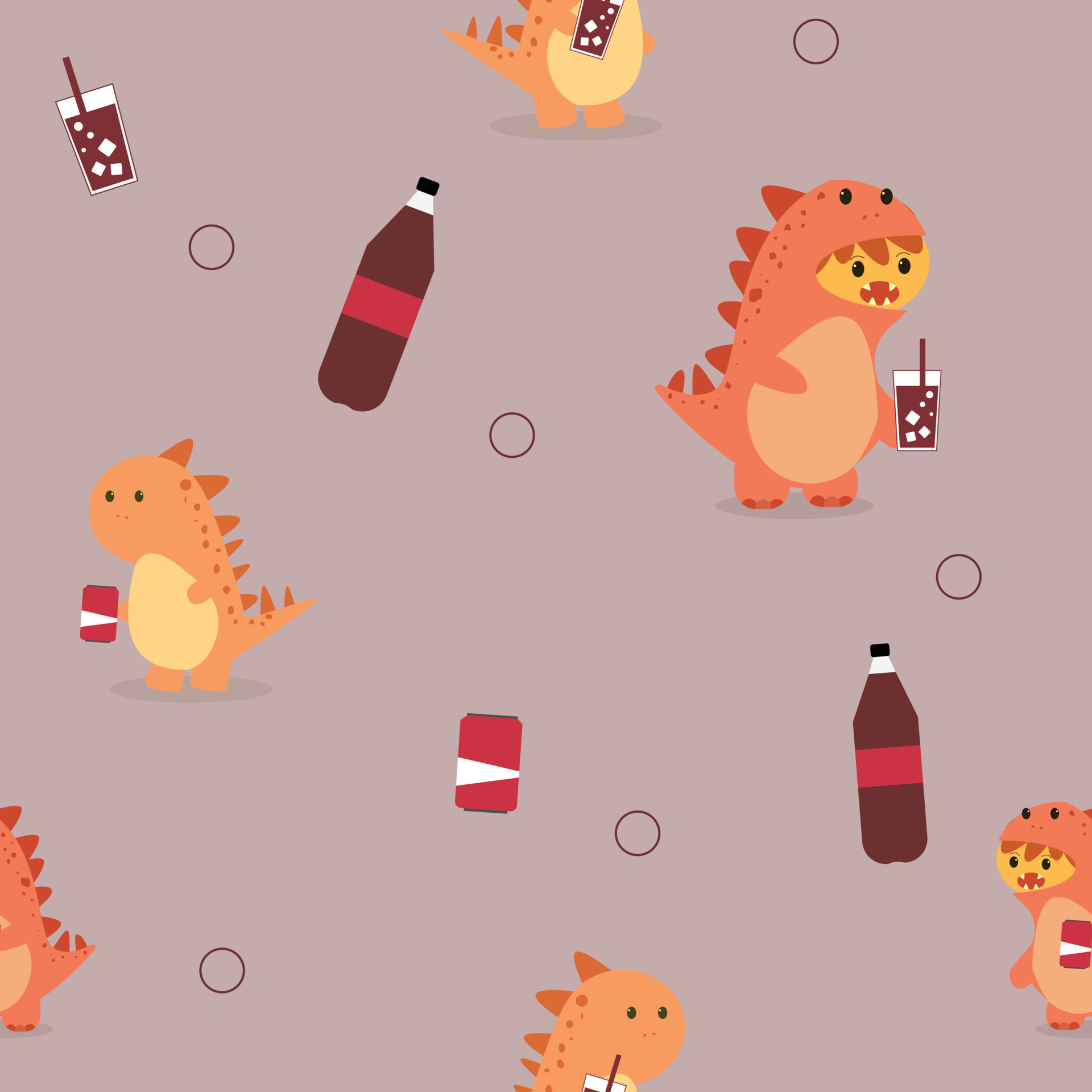 cute dinosaur drinking soft drinks background or fabric pattern for