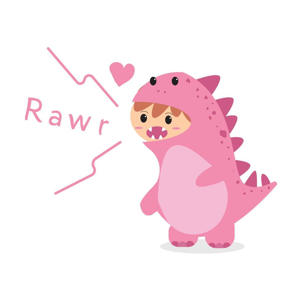 pink dino suit with children wearing it inside with dinosaur rawr vector