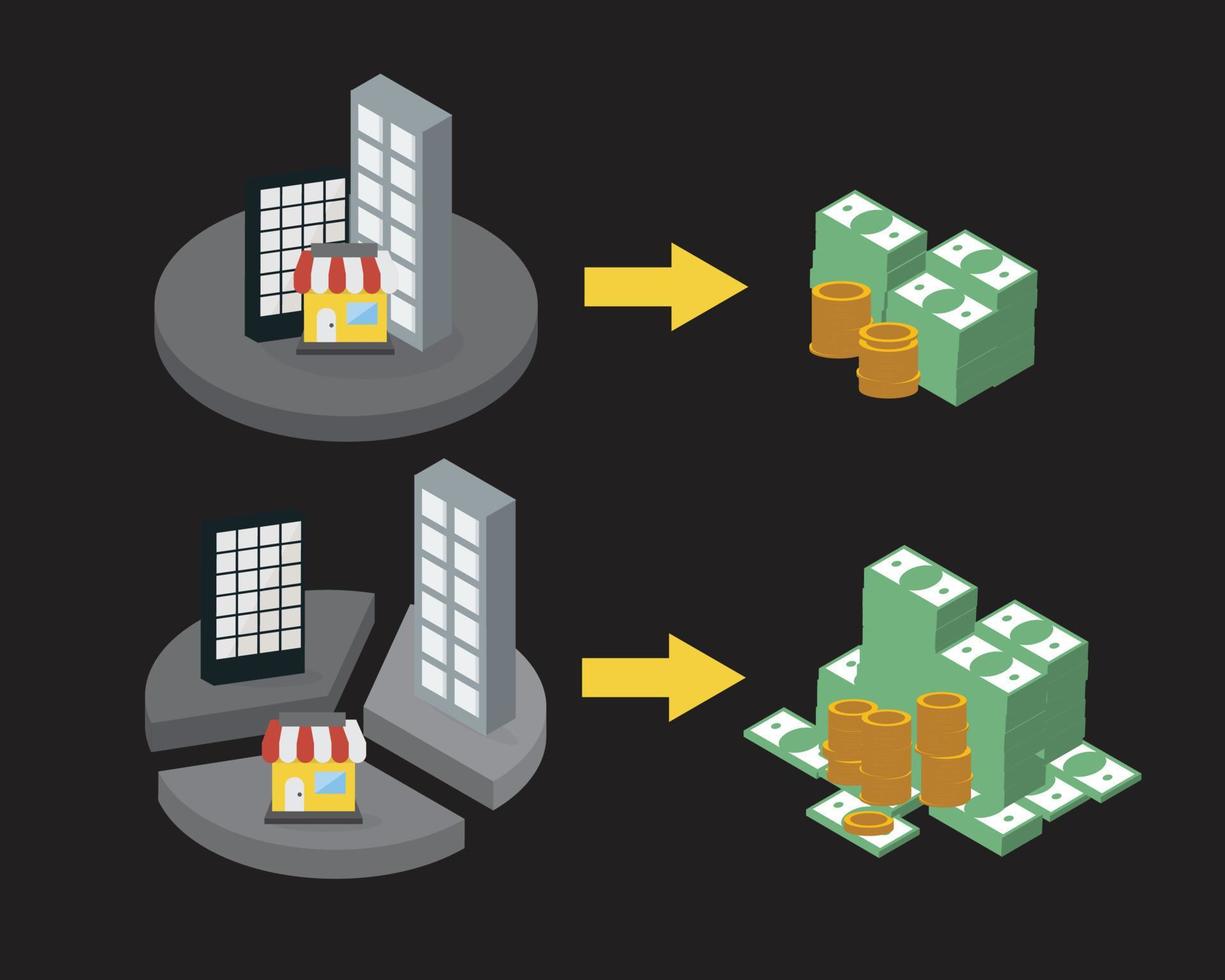 La liquidación de activos es el proceso de comprar una empresa infravalorada con la intención de vender sus activos con más valor. vector