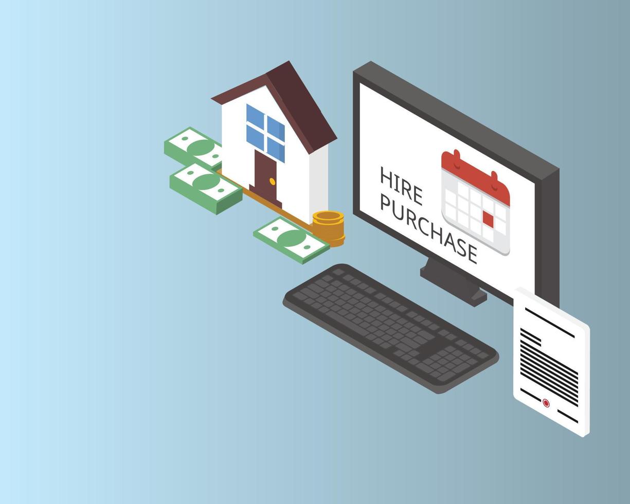 Hire purchase is an arrangement for buying expensive consumer goods, where the buyer makes an initial down payment and pays the balance plus interest in installments vector