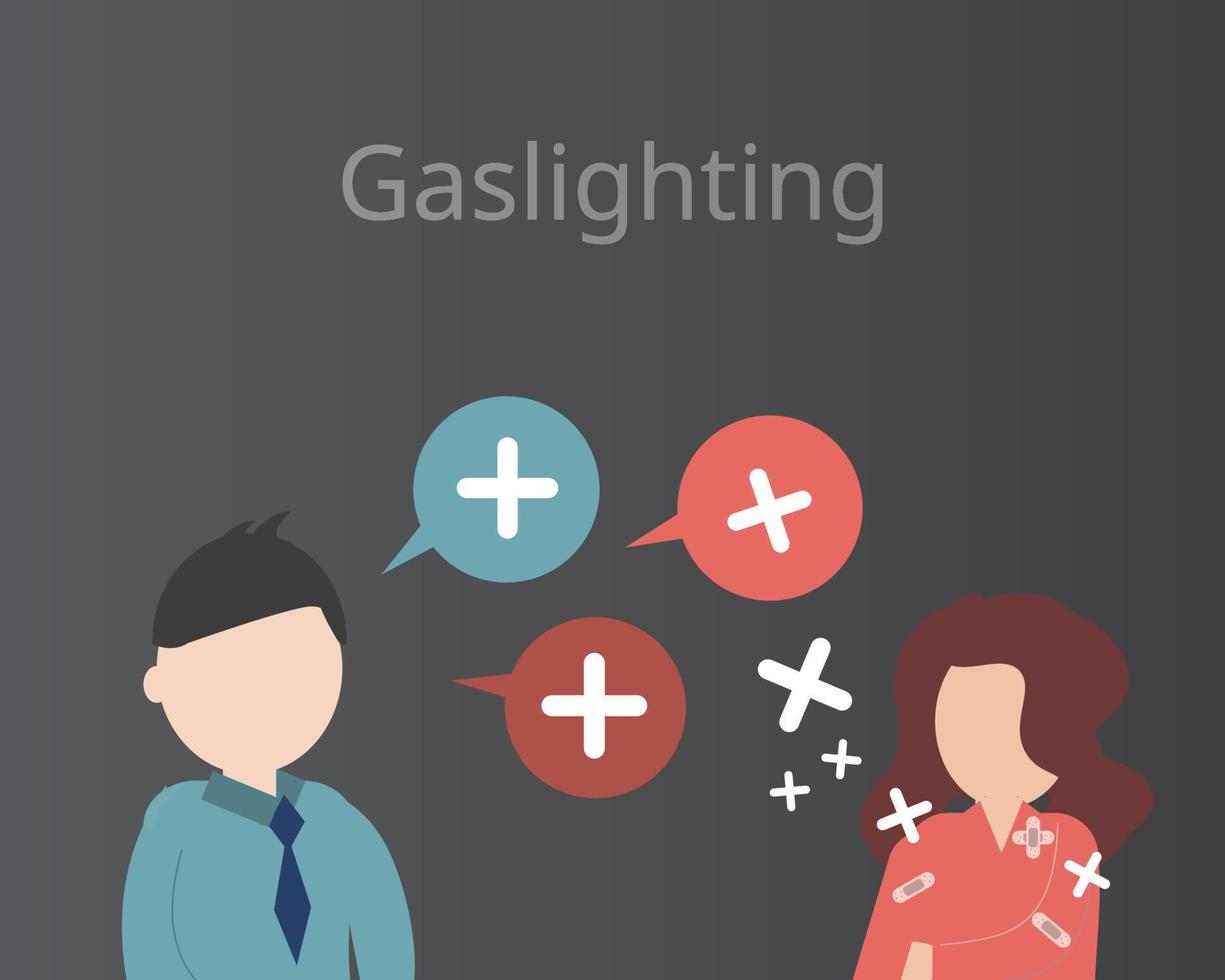 Gaslighting es una táctica en la que una persona o entidad, para ganar más poder, hace que una víctima cuestione su realidad. vector