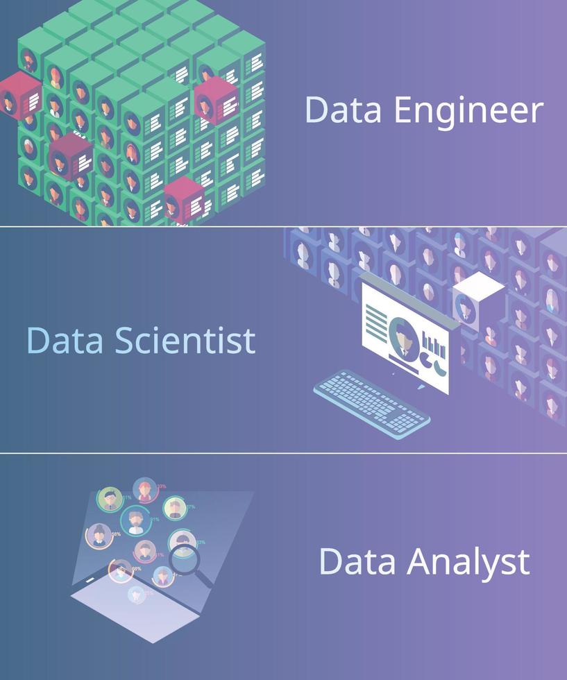 data engineer vs data scientist vs data analyst vector
