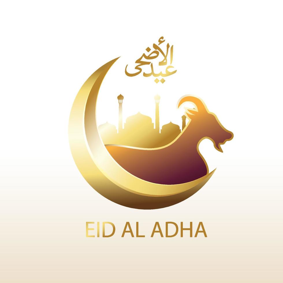 Eid al Adha Arabian word calligraphy with Goat, crescent moon and mosque. Vector Illustration