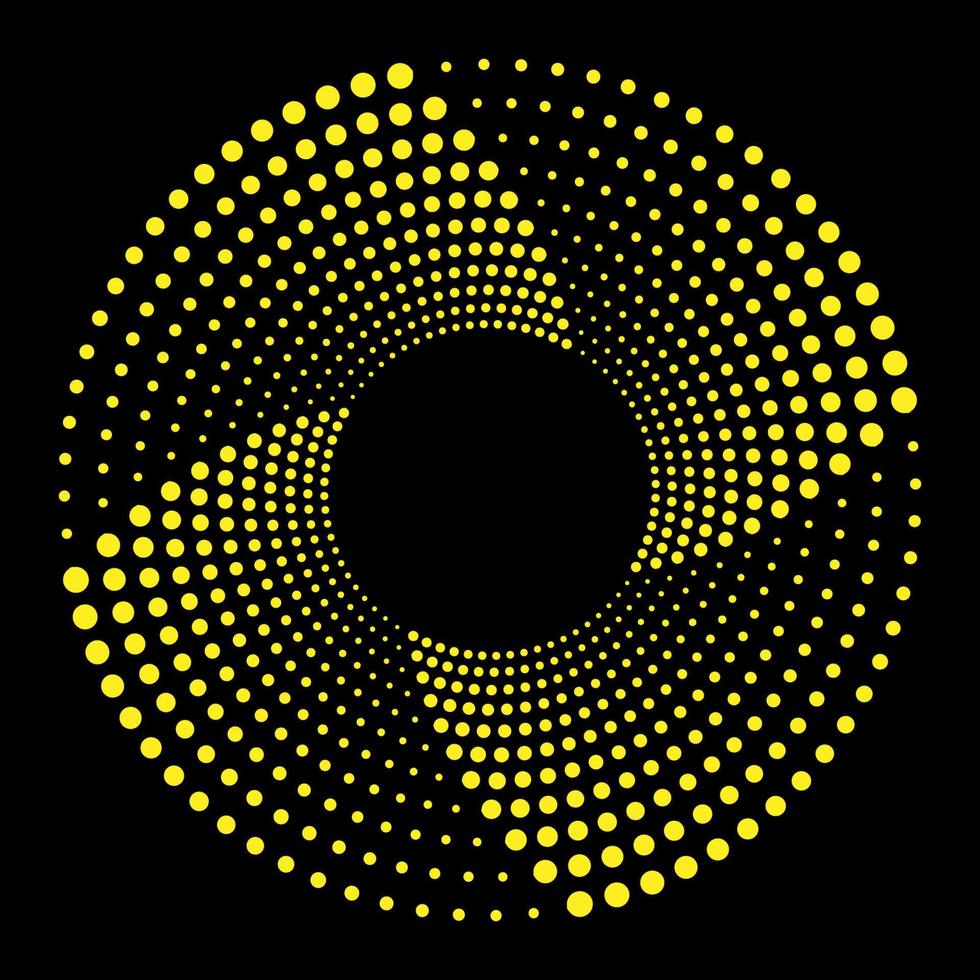 Halftone circle vector frame with yellow abstract random dots, logo emblem, design elements. Optical art. Round border icon using halftone circle dots. Optical illusion background.