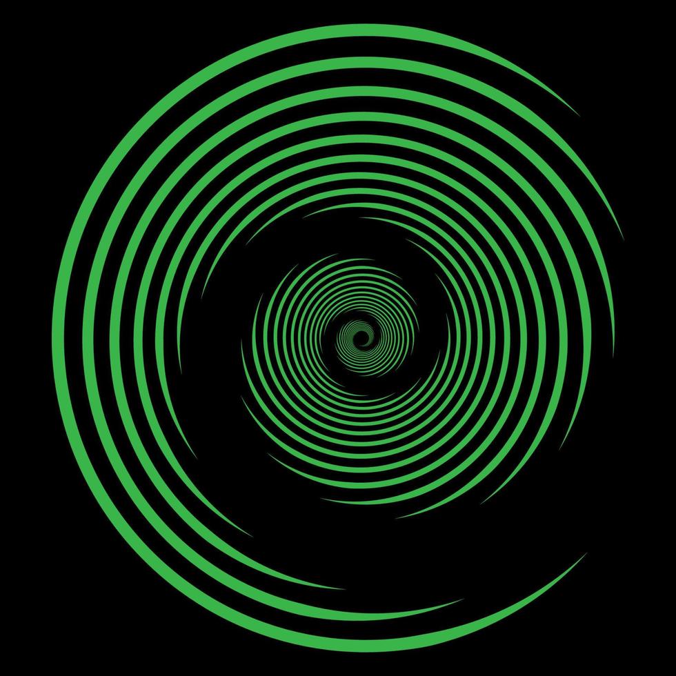 líneas verdes circulares aisladas en el fondo negro. arte óptico. elemento de diseño para marco, logotipo, tatuaje, páginas web, impresiones, carteles, plantilla, fondos vectoriales abstractos. forma de ilusión óptica. vector