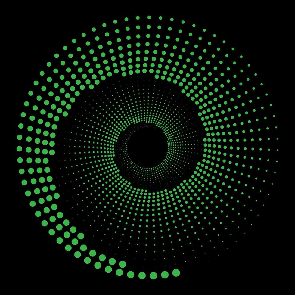 círculo puntos verdes aislados en el fondo negro. arte geométrico elemento de diseño para marco, logotipo, tatuaje, páginas web, impresiones, carteles, plantilla, fondos vectoriales abstractos. forma de ilusión óptica. vector