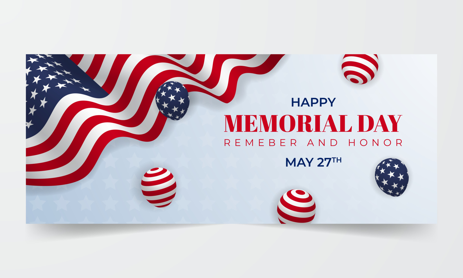Hapy Memorial Day 27th May flag illustrtion banner with decorative