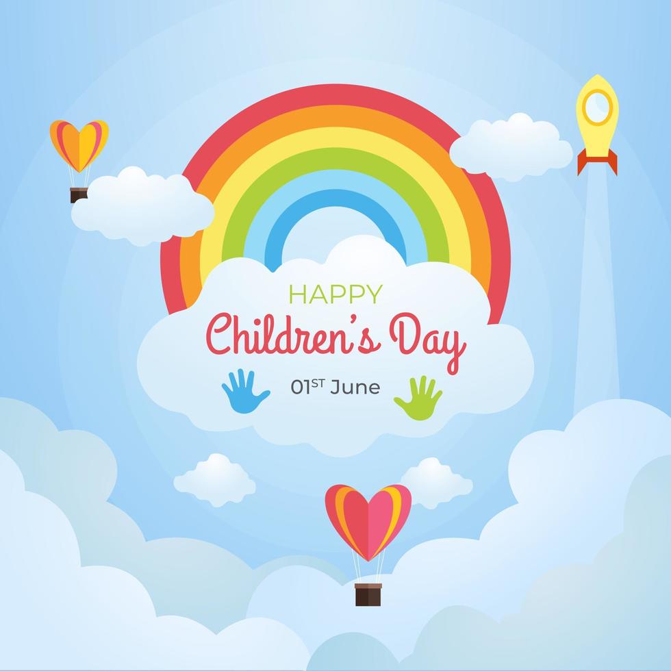 ilustración del día internacional de los niños con globo de aire arco iris y nubes sobre fondo de cielo azul vector