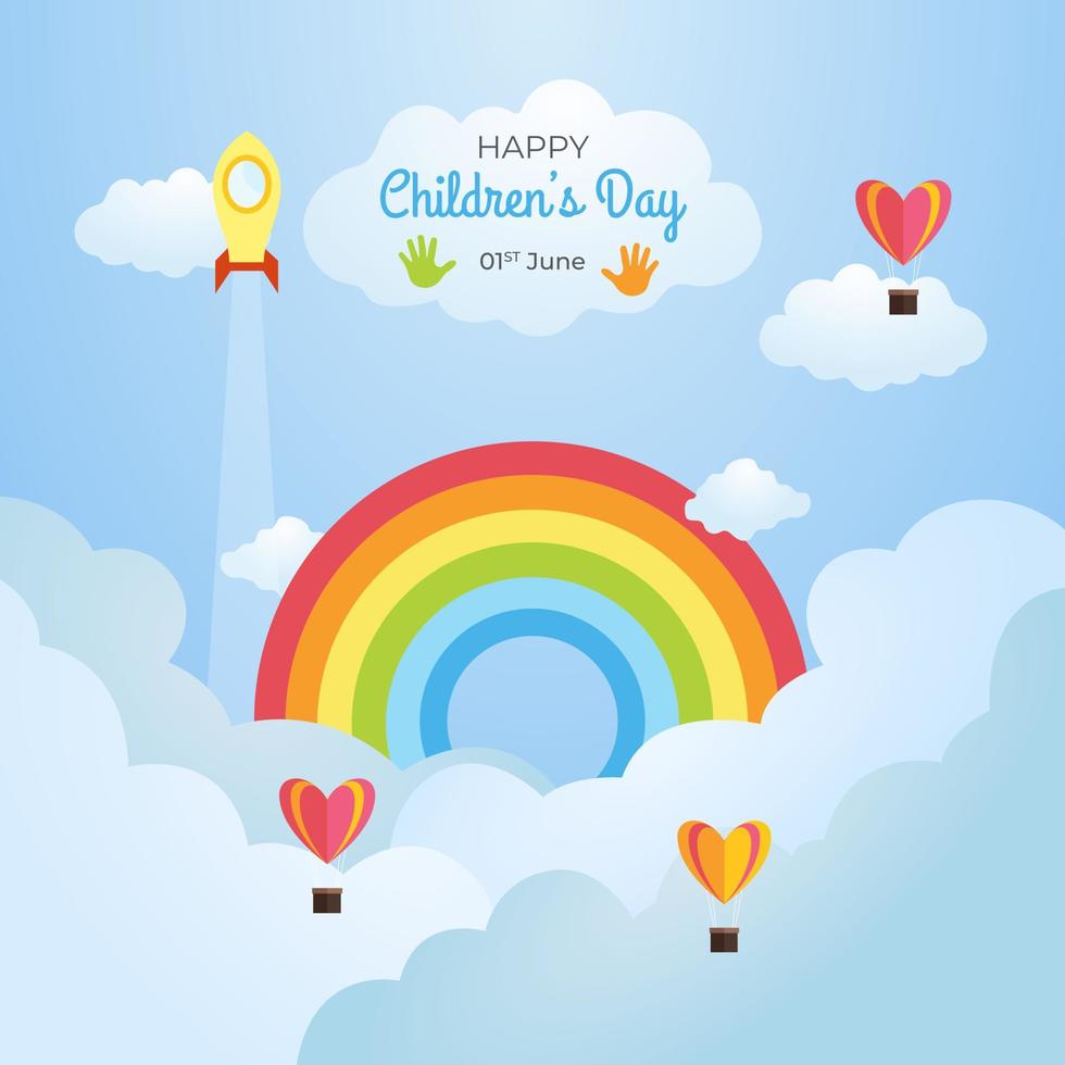 feliz día internacional del niño ilustración con arco iris y globo de aire sobre fondo de cielo azul vector