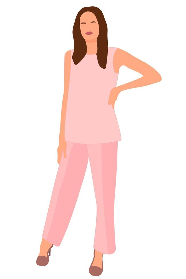 Young slim stylish girl in fashionable suit standing. Adult grown model. Isometric flat style. vector