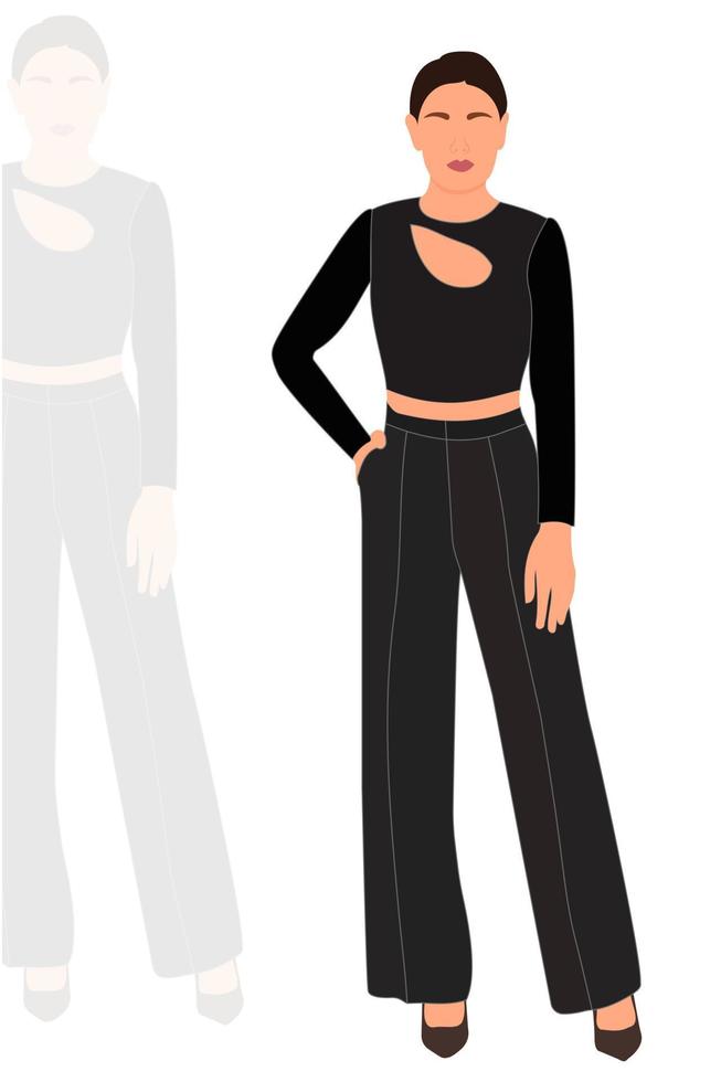 Young slim stylish girl in fashionable suit standing. Adult grown model. Isometric flat style. vector