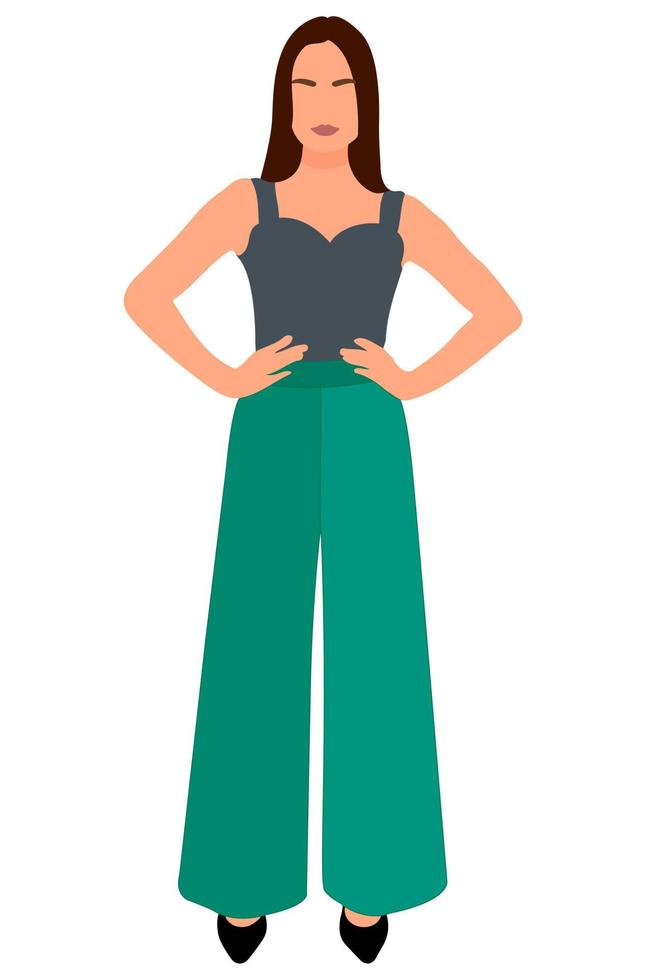 Young slim stylish girl in fashionable suit standing. Adult grown model. Isometric flat style. vector