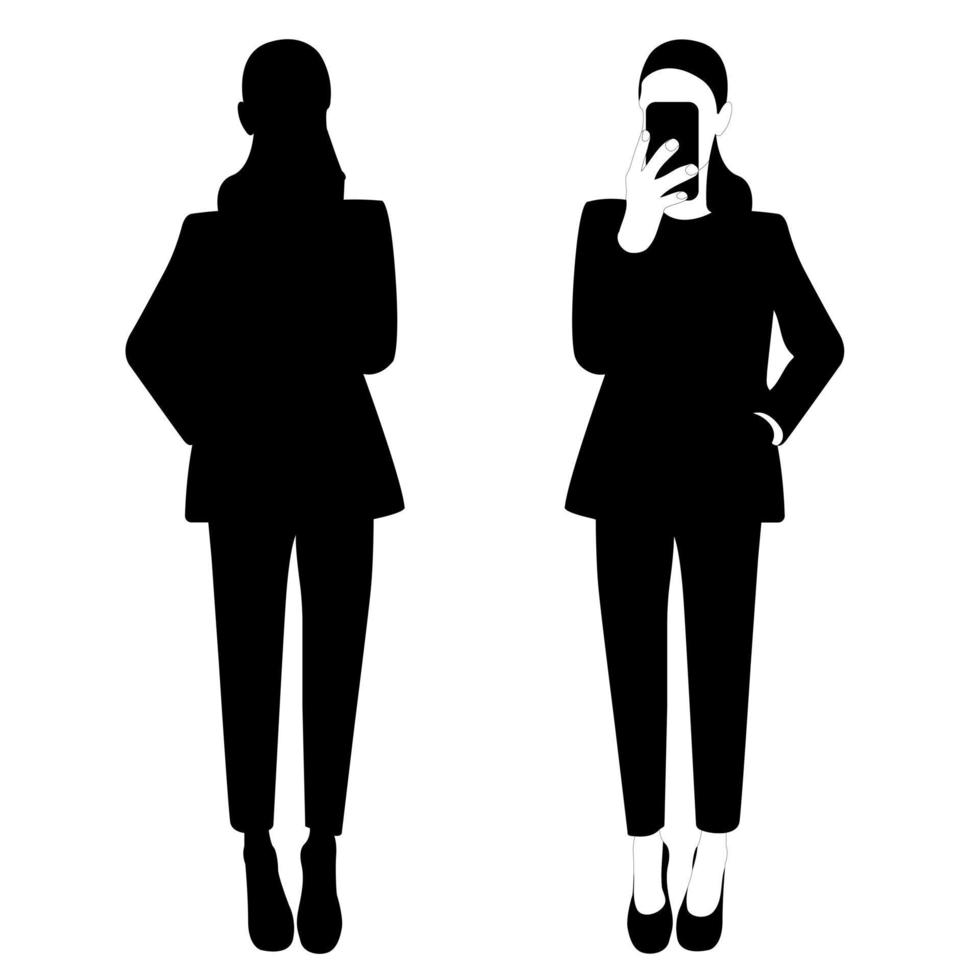 The outline of a black and white silhouette of a slender stylish girl in a fashionable suit standing. Adult model. vector