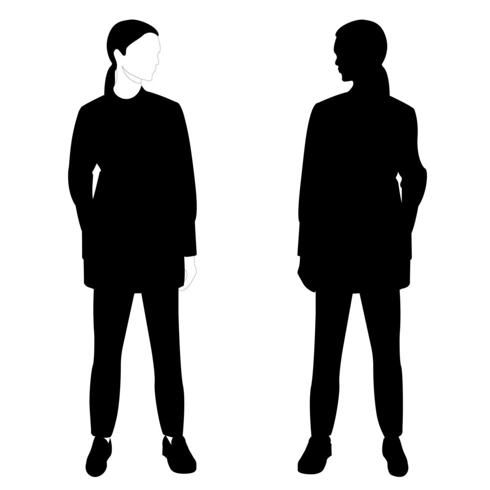 The outline of a black and white silhouette of a slender stylish girl in a fashionable suit standing. Adult model. vector