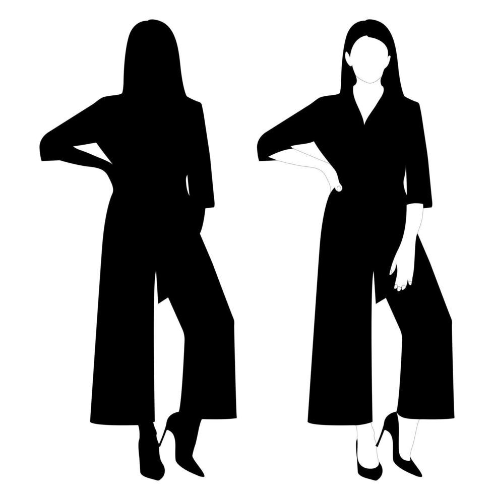 The outline of a black and white silhouette of a slender stylish girl in a fashionable suit standing. Adult model. vector