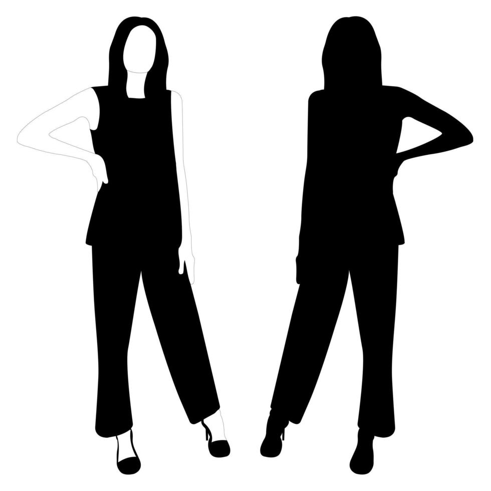 The outline of a black and white silhouette of a slender stylish girl in a fashionable suit standing. Adult model. vector