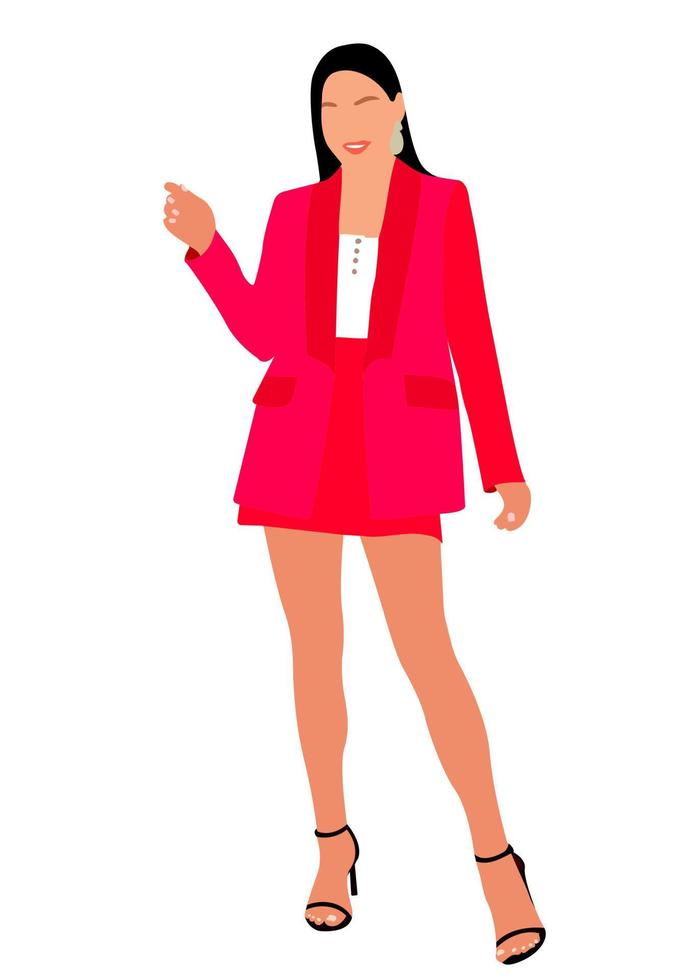 Young slim girl in fashionable suit standing. Isometric flat style. vector