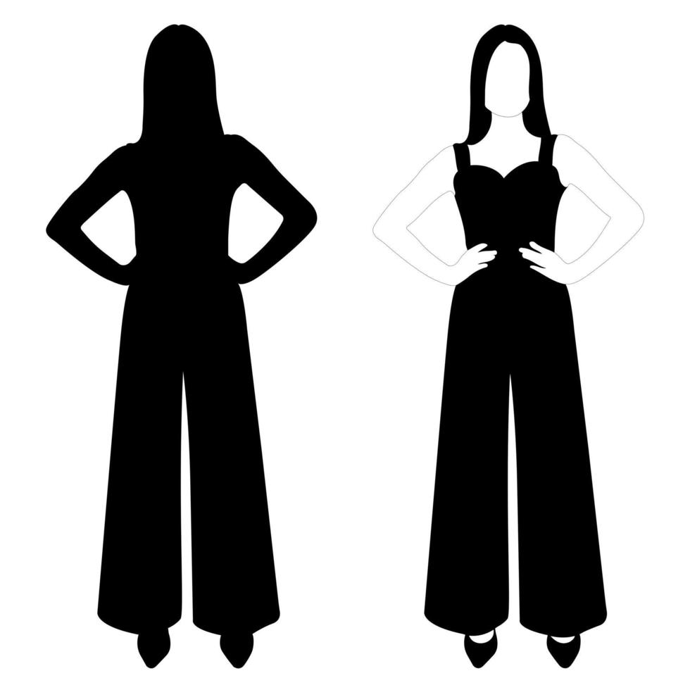 The outline of a black and white silhouette of a slender stylish girl in a fashionable suit standing. Adult model. vector