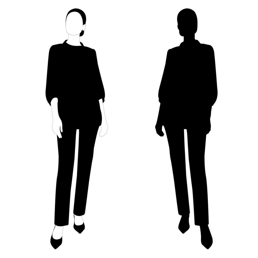 The outline of a black and white silhouette of a slender stylish girl in a fashionable suit standing. Adult model. vector