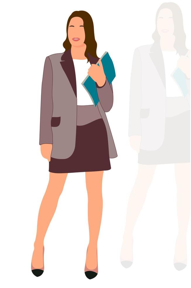 Young slim stylish girl in fashionable suit standing. Adult grown model. Isometric flat style. vector