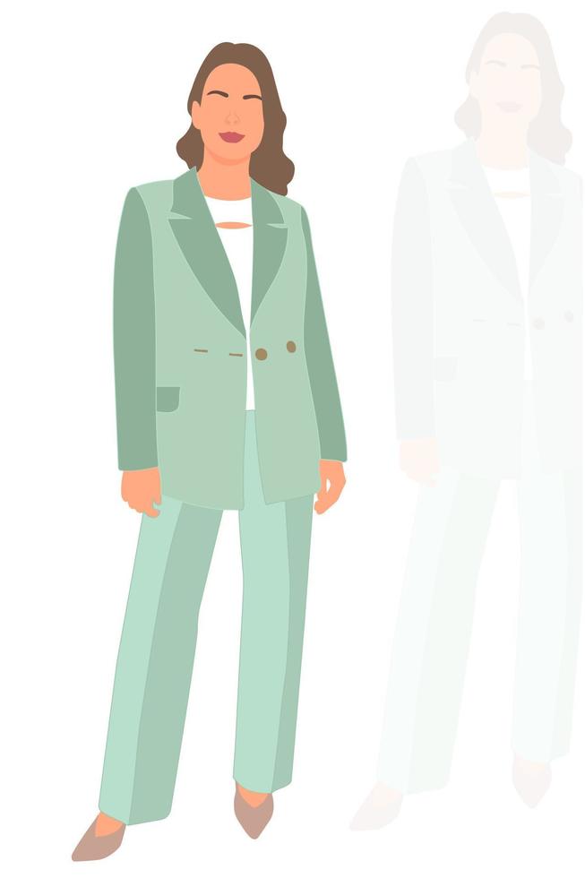 Young slim stylish girl in fashionable suit standing. Adult grown model. Isometric flat style. vector